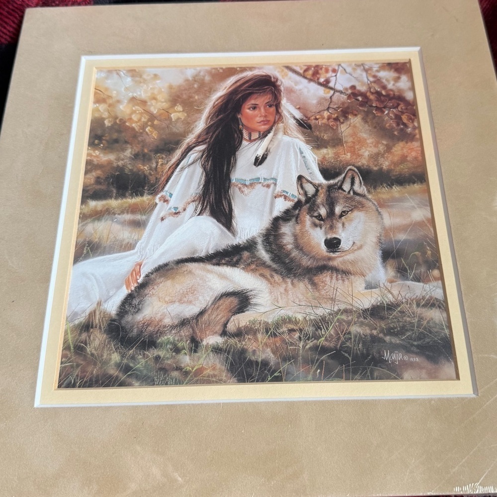Maija 1993 Vintage Aspen Gold Native American Woman and Wolf Art Print 10x10